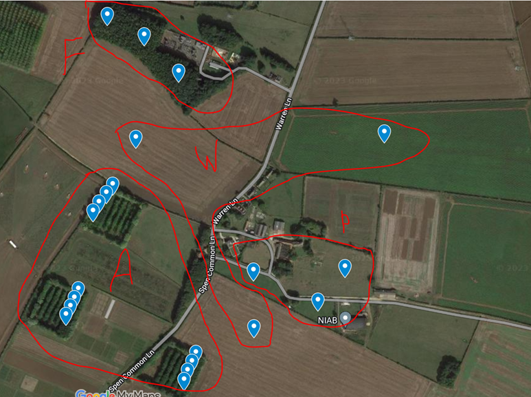 Sampling scheme at Spen Farm, Leeds, UK (W=wheat, P=pasture, A=abandoned, F=forest).